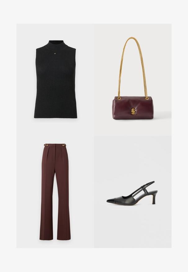 Must have mustreidega ilma varrukateta turtleneck top, millel on väike kuldne "AX" logo kaeluse all, helehallil taustal.; Kõrge vöökohaga pruunid laiad püksid, millel on ette voldid ja kuldsetest nuppudest detailid reguleeritavates vööpaneelides.; Mustast nahast slingkinga, millel on terav ninaosa, läikiva detailiga ninaosaküljel ja keskmise kõrgusega kand. Avatud külgede disain.; Väike ristkülikukujuline tumepruun nahast käekott kuldse tooniga kett-rihma ja esiküljel kuldse pandlaga.