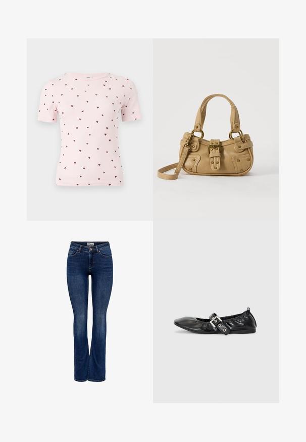 T-shirt à manches courtes côtelée de couleur rose clair avec petits motifs de cœurs rouge foncé dispersés, encolure ronde et silhouette ajustée.; Jean en denim bleu foncé avec un léger délavage, conception à cinq poches, fermeture à bouton et coupe évasée, étiqueté "ONLY" à la taille.; Chaussure plate en cuir noir avec un nez pointu, des détails froncés autour de l'ouverture et un accent en boucle argentée sur la bride ajustable.; Sac à main en cuir beige avec double poignées, boucle en laiton et détails rivetés, ainsi qu'une bandoulière réglable sur fond blanc.