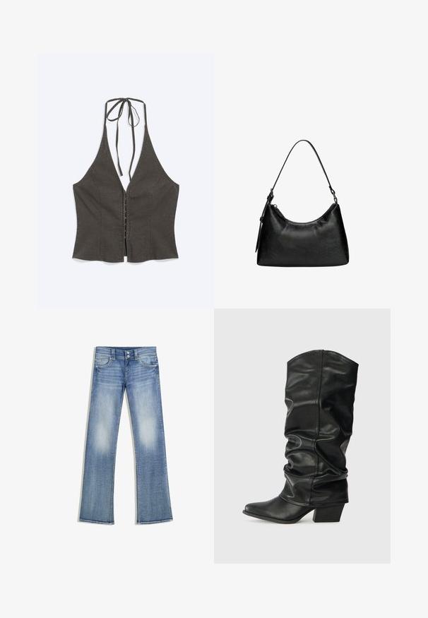 Ærmeløs mørkegrå halterneck-top med dyb V-hals, frontlukning med hægte og øje samt bindebånd ved halsen.; Lyseblå bootcut-jeans med falmet vask, fem lommer, bæltestropper og lukning med dobbelte knapper, lagt fladt ud på en hvid baggrund.; Sorte læderknæhøje støvler med et skrånet design, spids tå og chunky hæl, der har en glat overflade og minimal syning.; Sort syntetisk læder håndtaske med en buet form, kort håndtag, lynlåslukning og en subtil tekstureret overflade.