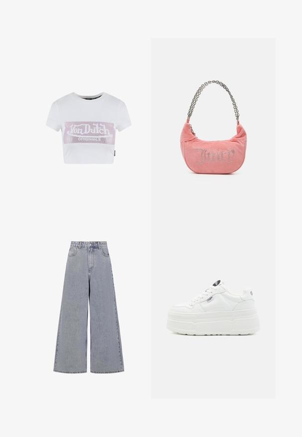 Camiseta corta blanca de algodón con mangas cortas, que presenta un gráfico de logo de strass rosa en el pecho. Material de algodón suave.; Pantalones vaqueros de pierna ancha en azul claro, hechos de mezclilla, con una cintura alta, cuatro bolsillos y un cierre clásico de botón con un ligero desvanecimiento.; Zapatillas de plataforma blancas con un exterior sintético liso, punta redondeada, cuello acolchado y suela texturizada. Presenta una etiqueta de logo en contraste.; Juicy Couture KIMBERLY SMALL SET - Bolso de mano - pink