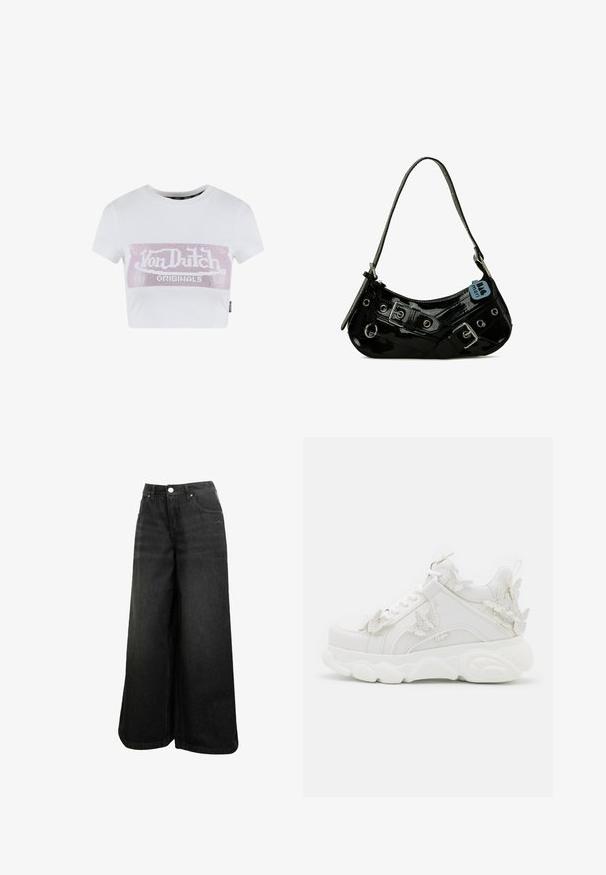 Hvid cropped t-shirt med korte ærmer, der har et pink rhinesten logo grafisk tryk på tværs af brystet. Glat bomuldsstof.; Sorte bredbenede denimjeans med høj talje, frontknap, lommer og subtilt logo på frontlommen.; Hvid chunky sneaker med tyk sål og dekorative 3D sommerfugle detaljer på siden, snørebånd og hæl.; Sort lakeret skuldertaske med en buet form, udsmykket med sølvhardware, dekorative spænder og en kort rem. Blå mærkat vedhæftet.