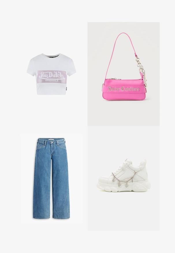 Weißes, kurzärmeliges cropped T-Shirt mit einem rosa Strass-Logo-Print auf der Brust. Aus glattem Baumwollmaterial.; Hellblau weite Jeans aus Denim, mit hoher Taille, fünf Taschen und einem klassischen Knopfverschluss. Gerader Schnitt vom Oberschenkel bis zum Saum.; Weiße Sneakers mit dicker Sohle, strukturiertem Obermaterial aus Leder und dekorativer Metallkette mit Anhängern. Sie verfügen über eine Schnürung und einen gepolsterten Kragen.; Kleine, leuchtend pinke Juicy Couture Handtasche mit silbernen Kettendetails und Logo-Schriftzug auf der Vorderseite, schmaler einzelner Schulterriemen.
