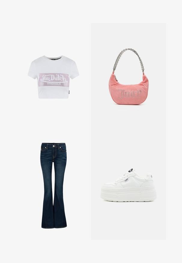 Weißes, kurzärmeliges cropped T-Shirt mit einem rosa Strass-Logo-Print auf der Brust. Aus glattem Baumwollmaterial.; True Religion Flared Jeans - indigo upgrade; Weiße Plattform-Sneaker mit einer glatten synthetischen Oberfläche, rundem Zehenbereich, gepolstertem Kragen und strukturiertem Profil. Mit einem kontrastierenden Logo-Tag.; Juicy Couture KIMBERLY SMALL SET - Handtasche - pink