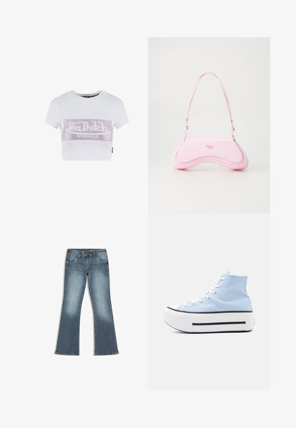 T-shirt blanc court à manches courtes, avec un graphique logo en strass rose sur la poitrine. Matériau en coton lisse.; Jean en denim bleu avec une légère évasement au niveau des jambes, fermeture à boutons devant avec deux boutons, et poches plaquées à l'avant.; Baskets montantes en toile bleu clair avec lacets blancs et semelle plateforme épaisse blanche ornée de rayures noires, vues de profil.; Diesel Sac à main - quartz pink
