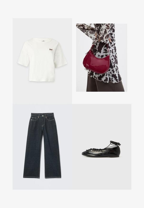 Witte cropped T-shirt met korte mouwen, een ronde hals en kleine bruine "Sweet" tekst op de linkerborst.; Donkerblauwe jeans met wijde pijpen, knoopsluiting aan de voorkant, rits, lussens voor riem en vijf zakken, tegen een lichte effen achtergrond.; Zwarte ballerina's van lakleer met een afgeronde neus, veterdesign en een platte zool. Glad oppervlak met minimale details.; Vrouw met een zwart-wit gebloemde blouse houdt een glanzende rode schoudertas vast tegen een effen achtergrond.