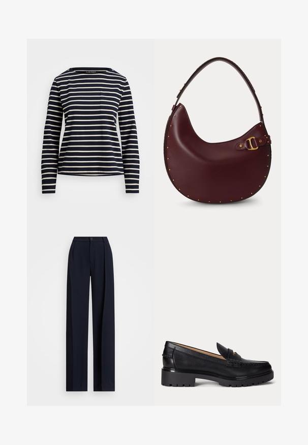 Chemise à manches longues bleu marine avec des rayures horizontales blanches, un col rond et une petite poche sur la poitrine. Présente des accents de boutons sur l'épaule.; Pantalons larges bleu marine avec plis, fermeture par bouton et texture de tissu lisse. Conçus pour un ajustement ample et confortable.; Mocassin en cuir noir avec semelle épaisse à relief, talon bas et bride décorative sur le devant.; Sac à main en cuir bordeaux foncé en forme de croissant avec une bandoulière unique, des clous dorés le long des bords et un détail de boucle dorée sur un côté.