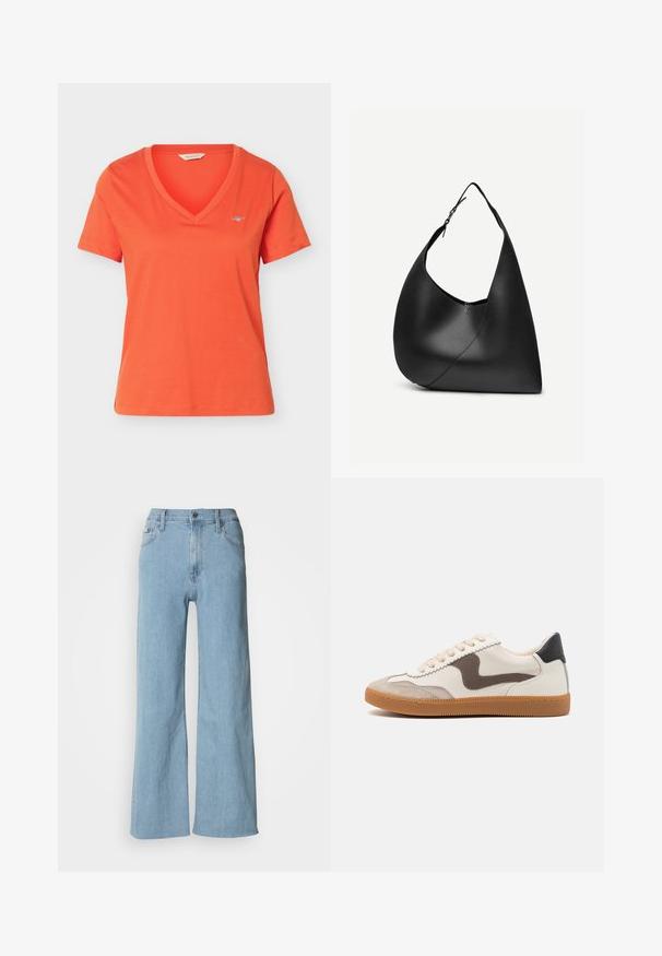 Lys orange kortærmet T-shirt med V-hals og lille hvidt GANT-logo på venstre bryst, vist på en ensfarvet hvid baggrund.; Lyseblå vidde jeans lavet af denim, med en tætsiddende talje, fem-lomme design og subtile syningsdetaljer.; Sneakers med en cremefarvet læderoverdel, en mørkebrun svine læder detalje, beige snørebånd og en gummigummisål; klassisk lavprofil design.; Sort læder skuldertaske med buet trekantet form, enkelt justerbart rem og synlig diagonal søm foran.