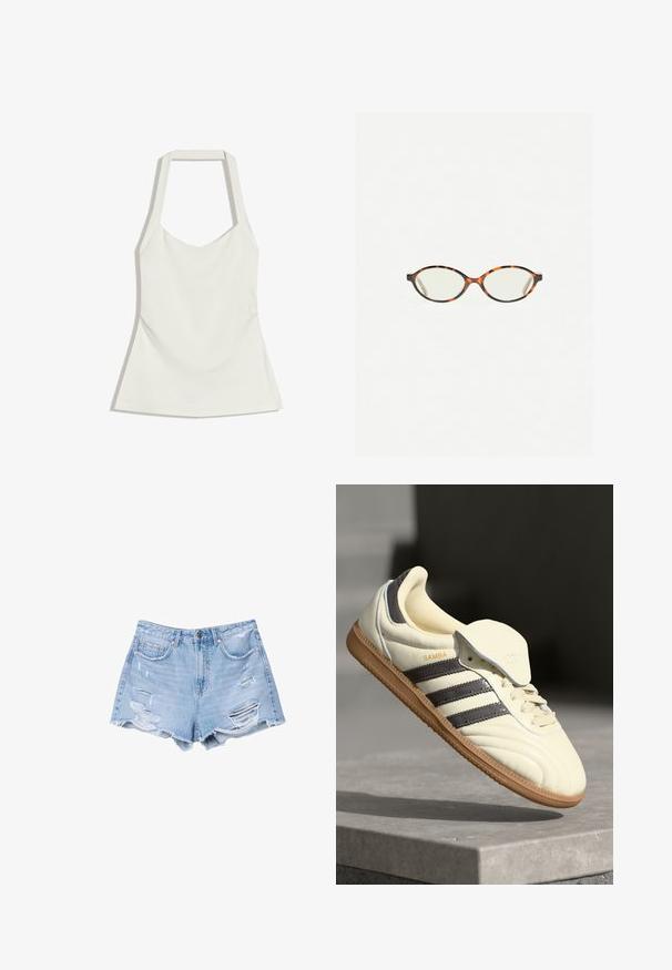 Hvid top med halterneck, tætsiddende overdel og let udtoning ved taljen, lavet af glat stof.; Lyseblå denimshorts med frynsetkant og slidte detaljer, med forlommer og knaplukning.; Cremefarvede lædersneakers med tre mørke striber, en brun gummisål og en afrundet tå. Har en foldbar tunge mærket "SAMBA."; Skildpaddebriller med ovale linser og en elegant, glat finish. Har tynde sider med en subtil kurve ved tindingerne. Klare linser.
