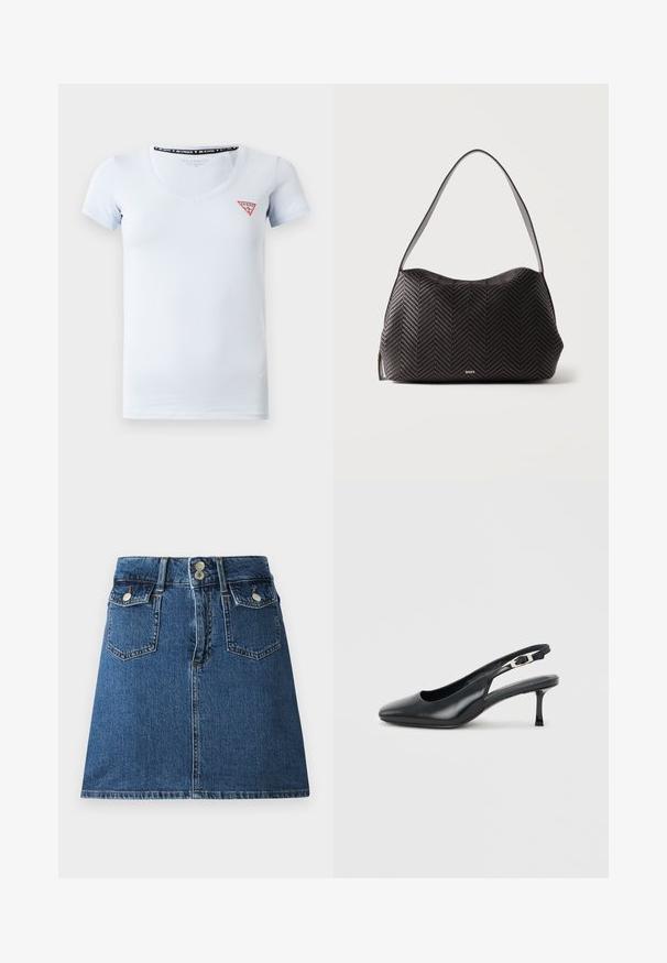 Camiseta de cuello en V de manga corta en azul claro con un pequeño logo triangular rojo y blanco de Guess en el lado izquierdo del pecho.; Falda de mezclilla en azul oscuro, con una cintura ajustada, dos bolsillos frontales, dos bolsillos traseros y cierres de botón en tono plateado.; Zapato tipo slingback de cuero negro con punta puntiaguda, tacón bajo y delgado estilo kitten, y correa ajustable con hebilla, sobre un fondo claro y liso.; Bolso de hombro de cuero negro tejido con una sola correa y pequeño logo dorado "BOSS" en el centro frontal.