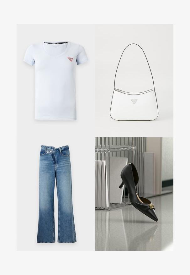 Lyseblå kortærmet V-hals t-shirt med et lille rødt og hvidt trekantet Guess-logo på venstre side af brystet.; Lysblå denim flared jeans med høj talje, der har to knapper og forlommer. Stoffet har en falmet struktur med subtile variationer.; Sort kitten heel-sko med spids tå og guldemblem på tåen, vist midt i luften mod en reflekterende overflade og metalreol som baggrund.; Hvid håndtaske med et slankt, buet design, der har en tynd sort rem og sølvfarvet trekantet logoaccent. Glat tekstur og minimal detaljering.