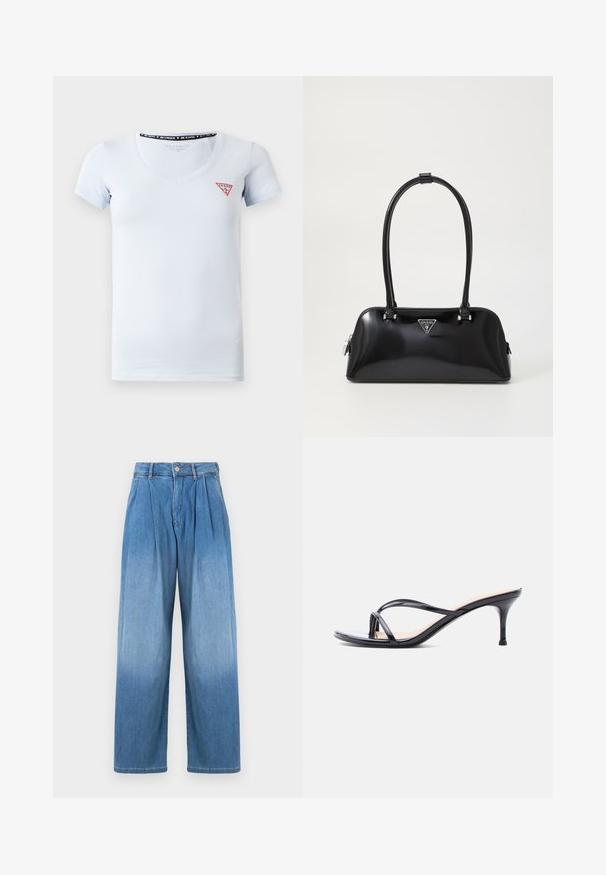 Lyseblå kortærmet V-hals t-shirt med et lille rødt og hvidt trekantet Guess-logo på venstre side af brystet.; Lyseblå denimbukser med høj talje, afslappet vid pasform og frontfolder. Har knap- og lynlåslukning.; Sort laklædersandal med hæl, tynde krydsede remme og en slank mellemhøj stilethæl på en hvid baggrund.; Sort glanshandtaske med en buet silhuet, to håndtag og en frontlogo-plakette. Lynlås lukning og skinnende hardware-detaljer.