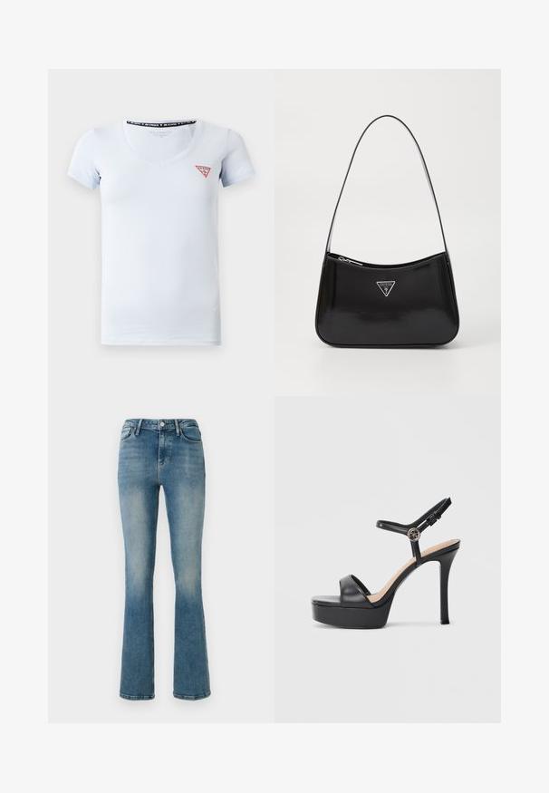 Lyseblå kortærmet V-hals t-shirt med et lille rødt og hvidt trekantet Guess-logo på venstre side af brystet.; Lys blå denim flared jeans med fem lommer, høj talje og sy detaljer. Stoffet viser en let falmet vask og en glat tekstur.; Sorte platformsandaler med høj stiletthæl, der har en glat læderoverdel, peep toe-design og en justerbar ankelrem med metalbeslag.; Sort patenteret læder skuldertaske med en buet form, prydet med et sølvfarvet trekantet logo og en lynlås-lukning. Glat tekstur og slank rem.
