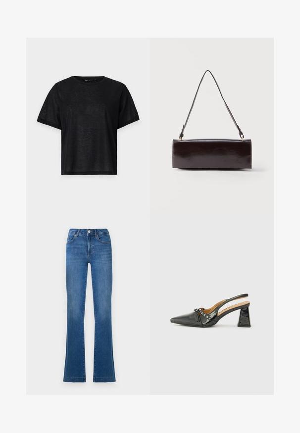 Zwart t-shirt met korte mouwen en een relaxte pasvorm, voorzien van een gladde textuur en een ronde hals. Lichtgewicht stof met een subtiele glans.; Blauwe flared jeans van denim, met een klassiek vijf-pocket ontwerp, een sluiting met een knop aan de voorkant en licht vervaagde gebieden op de dijen.; Zwarte lakleren slingback schoen met een puntige neus, driehoekige hak en decoratieve band met zilveren accenten. Soepele textuur.; Rechthoekige zwarte leren handtas met een enkele lange schouderband en een glanzende afwerking, weergegeven tegen een effen witte achtergrond.