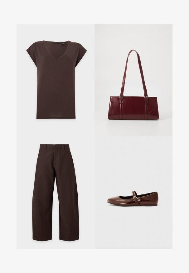 T-shirt marron à manches courtes avec col en V, design simple et uni, coupe standard, présenté sur fond blanc.; Pantalon large marron foncé avec passants de ceinture et détails de couture avant, présenté sur un fond clair uni.; Ballerine en cuir verni marron avec un bout carré et une lanière ornée d'une petite boucle dorée. Texture lisse, talon bas et design minimaliste.; Sac à main bordeaux en matériau brillant, de forme rectangulaire, avec deux anses et des accents légèrement courbés à l'avant.