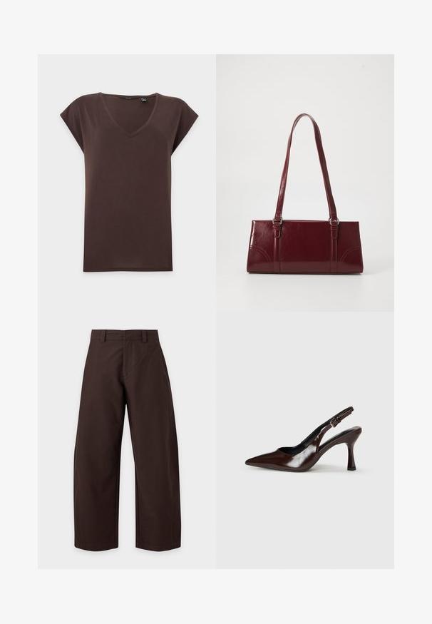 T-shirt marron à manches courtes avec col en V, design simple et uni, coupe standard, présenté sur fond blanc.; Pantalon large marron foncé avec passants de ceinture et détails de couture avant, présenté sur un fond clair uni.; Talons slingback en cuir verni brun avec un bout pointu, un talon fin, et une sangle réglable avec une petite boucle.; Sac à main bordeaux en matériau brillant, de forme rectangulaire, avec deux anses et des accents légèrement courbés à l'avant.