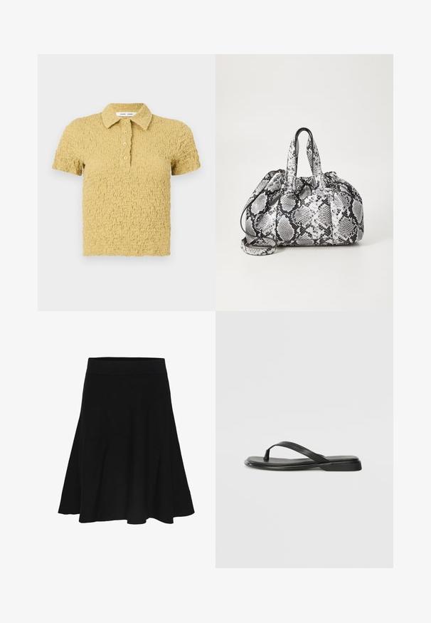 Polo amarillo con textura, manga corta, cuello y cuatro botones en la tapeta, colocado plano sobre un fondo blanco.; Falda negra acampanada hasta la rodilla con una cintura ancha y elástica y textura de tela lisa, mostrada sobre un fondo blanco.; Chancla negra de piel suave, con un diseño de tira delgada y una suela plana de perfil mínimo. Sin patrones ni acentos notables.; Bolso de mano con patrón de piel de serpiente en blanco y negro, con dos asas, un cierre de cordón y una correa para el hombro desmontable. Textura suave.