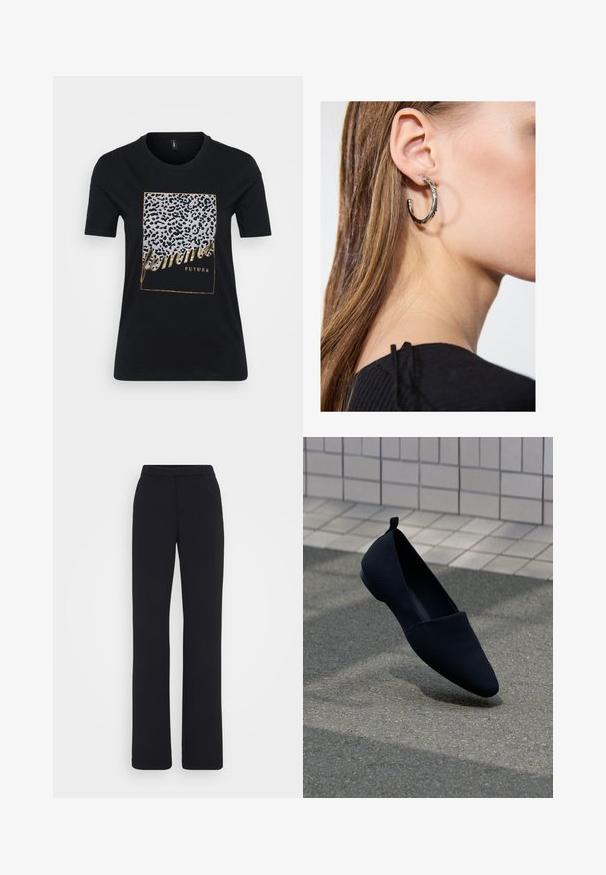 Schwarzes Baumwoll-T-Shirt mit einem Leopardenmuster und goldener Schrift, die "femmes FUTURE" innerhalb eines rechteckigen Rahmens zeigt.; Schwarze, maßgeschneiderte Hosen mit flachem Bund, geraden Beinen und einem glatten, strukturierten Stoff. Keine sichtbaren Taschen oder Verzierungen.; Schwarzer flacher Schuh mit spitzem Zehenbereich, glatter Textur und minimalistischer Gestaltung. Verfügt über einen kleinen Absatz und eine Schlaufe an der Rückseite.; Silberne Creolen mit polierter Oberfläche, die kleine goldene Akzentdetails und eine runde Form aufweisen, am Ohrläppchen getragen.
