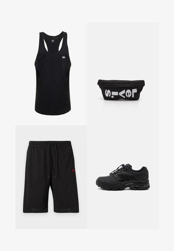 Schwarzes Tanktop aus Baumwolle mit Racerback-Design, runder Ausschnitt und einem kleinen weißen "Lee"-Logo auf der Brust. Angenehme, glatte Textur.; Schwarze Mesh-Shorts mit elastischem Bund, verstellbarem Kordelzug und kleinem roten Logo auf der linken Seite. Leichter und atmungsaktiver Stoff.; Schwarzer athletischer Sneaker mit strukturiertem Stoff, dicker gepolsterter Sohle, Luftauslässen und Schnürverschluss, von der Seite auf hellem Hintergrund gezeigt.; Schwarze Stofftasche mit flacher Form, mit fettgedrucktem weißen Text. Der Reißverschluss befindet sich oben, mit einer Schlaufe an einer Seite.