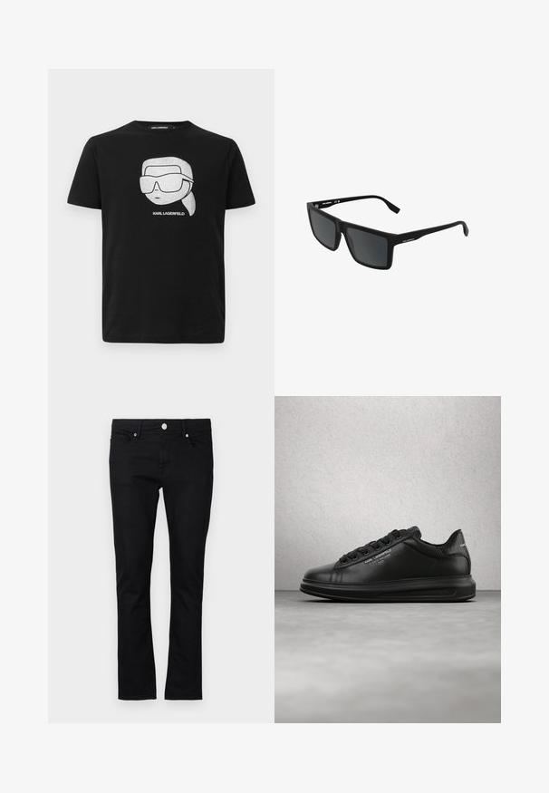 Musthave must alusriga T-särk, millel on valge graafika stiliseeritud tegelasest, kellel on suured prillid, ja allpool pilt on tekst "KARL LAGERFELD".; Mustad teksad, saledat, sirge sääre disainiga, viie taskuga stiilis ja metallnupuga kinnitusega, millel on minimaalset õmblemise detaile.; Inimene, kes kannab musti Karl Lagerfeld tossusid ja musti pükse, seisab puidust parketipõrandal valge paneelseinaga taustal.; Mustad ristkülikukujulised päikeseprillid, mille külgedel on Karl Lagerfeldi bränding ja tumedad toonitud läätsed, valgel taustal.