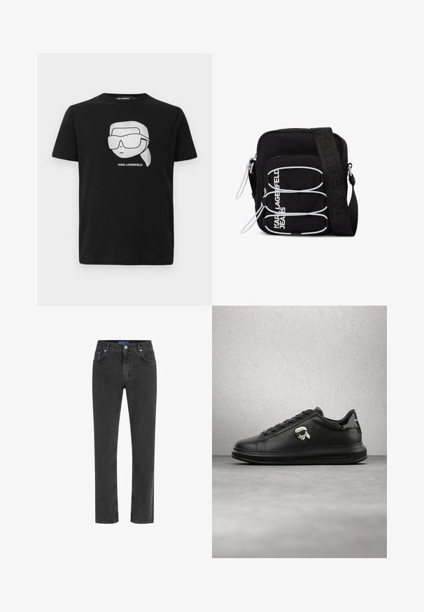 Schwarzes Baumwoll-T-Shirt mit einem weißen Grafikdesign eines stilisierten Charakters, der große Sonnenbrillen trägt, und dem Text "KARL LAGERFELD" unter dem Bild.; Schwarze Denim-Jeans mit geradem Bein, kontrastierenden Nähten, fünf Taschen und einem metallischen Knopfverschluss. Weicher, strukturierten Stoff.; Person trägt schwarze Lederhosen und schwarze Sneakers mit einem kleinen Comic-Charakter-Anhänger an der Seite, steht auf einem Holzboden.; Schwarze Umhängetasche mit weißen elastischen Schlaufen, Reißverschlüssen und weißem "KARL LAGERFELD JEANS"-Schriftzug auf der Vorderseite.