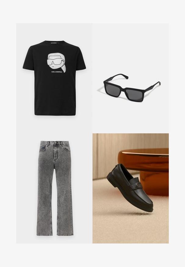 Čierne bavlnené tričko s bielou grafikou stylizovanej postavy v veľkých slnečných okuliaroch, s textom "KARL LAGERFELD" pod obrázkom.; Rovné nohavice z čierneho umývaného denimu s predným gombíkom a zipsom, pútkami na opasok a dizajnom s piatimi vreckami.; Čierna kožená obuv bez šnúrok s prešívanými detailmi, zvýšeným golierom a plochou gumovou podrážkou, umiestnená nad mäkkým béžovým povrchom.; Čierne slnečné okuliare s obdĺžnikovými šošovkami, matným povrchom, hrubými rámami a štíhlymi stranicami s jemným brandingom.