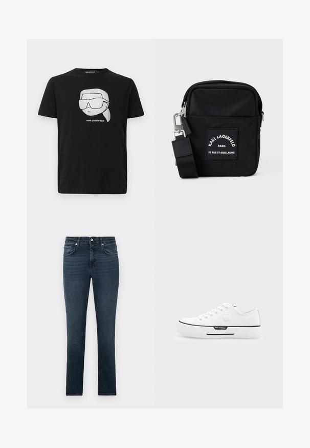 Schwarzes Baumwoll-T-Shirt mit einem weißen Grafikdesign eines stilisierten Charakters, der große Sonnenbrillen trägt, und dem Text "KARL LAGERFELD" unter dem Bild.; Dunkelblaue Slim-Fit-Jeans mit Vordertaschen, Knopf und Gürtelschlaufen, auf einem schlichten hellen Hintergrund präsentiert.; Weißer Sneaker mit niedrigem Schaft, dicker Sohle, vorne Schnürung, schwarzem Streifendetail und Karl Lagerfeld Logo an der Seite und Fersenlasche.; Schwarze Nylon-Crossbody-Tasche mit rechteckiger Form, ausgestattet mit einem vorderen Aufnäher, silberfarbenen Beschlägen und einem verstellbaren Schultergurt.