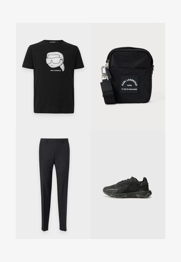 Sort bomulds t-shirt med en hvid grafik af en stiliseret karakter iført store solbriller, med teksten "KARL LAGERFELD" under billedet.; Sorte habitbukser med tætsiddende pasform, glat front og læg; lavet af glat stof med bæltestropper og lynlås.; Sorte sneakers med en bølget tekstur og grå detaljer. Har en snørebåndsdesign og en chunky, skulptural sål. Branding er synlig på siden.; Sort nylon crossbody taske med rektangulær form, med en frontpatch etikette, sølvhardware og en justerbar rem.