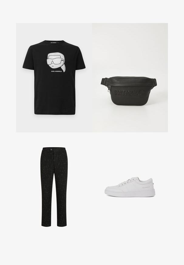 Musthave must alusriga T-särk, millel on valge graafika stiliseeritud tegelasest, kellel on suured prillid, ja allpool pilt on tekst "KARL LAGERFELD".; Mustad kohandatud püksid, millel on tekstuuriga muster õhukestest valgetest vertikaalsetest triipudest, sirge lõige ja nööbi sulgus vööl.; Valge nahast tennisetossud klassikalise madala disainiga, tasase tallaga ja peene kaubamärgiga logoga kanna peal. Omab viit metallist silma lukkude jaoks.; Musthave mustast nahkane vöökott tekstuuri viimistlusega. Omab reljeefset brändinime, lukuga kinnitust, reguleeritavat rihma ja minimalistlikku disaini.