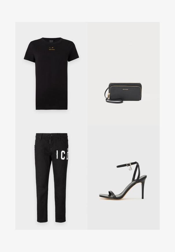 Schwarzes T-Shirt mit kurzen Ärmeln aus Baumwolle. Besitzt ein aufgedrucktes goldenes Logo auf der Brust. Klassisches Rundhalsausschnitt-Design. Weiche Textur.; Schwarze Denim-Jeans mit schmaler Passform. Merkmale sind weißer Grafiktext auf der Vorderseite, fünf Taschen und ein Knopfverschlus. Glatte Textur.; Schwarze High-Heel-Sandale mit schmalem Knöchelriemen, quadratischer Zehenbox, glattem Leder und metallischem Schnallenakzent.; Schwarze Leder-Reißverschluss-Geldbörse mit strukturiertem Finish, goldenen Hardware-Akzenten und einem abnehmbaren Handgelenkriemen. Verfügt über zwei Fächer und genähte Details.