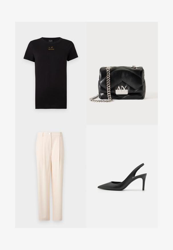 T-shirt noir à manches courtes en coton. Présente un logo doré imprimé sur la poitrine. Design classique à col rond. Texture douce.; Un pantalon beige clair au design ajusté, comportant un fermoir à l'avant, un tissu lisse, une coupe droite et sans motifs ni accents visibles.; Escarpins à talon aiguille en cuir noir, avec un design à bout pointu, présentant une découpure à l'avant et un talon fin.; Sac à épaule en cuir matelassé noir avec une bandoulière chaîne argentée et le logo Armani Exchange AX argenté sur le devant.