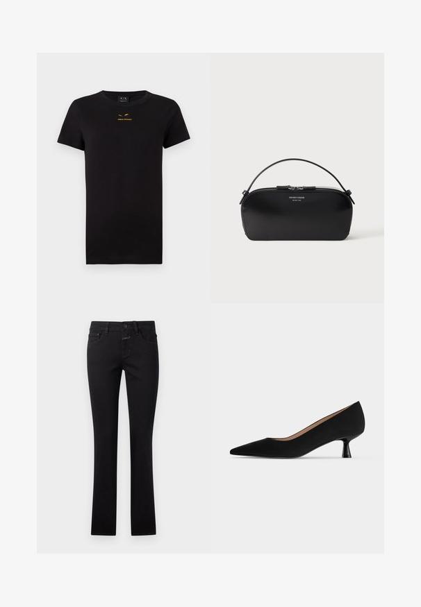 Schwarzes T-Shirt mit kurzen Ärmeln aus Baumwolle. Besitzt ein aufgedrucktes goldenes Logo auf der Brust. Klassisches Rundhalsausschnitt-Design. Weiche Textur.; Schwarze Jeans aus Denim, mit einer figurbetonten Passform, Knopfverschluss und traditionellem Fünf-Taschen-Stil. Glatte Textur mit leichtem Stretch.; Schwarzer Damenpumps mit niedrigem Absatz, spitzer Schuhspitze, schlankem, ausgestelltem Kittenabsatz und glatter matter Oberfläche, seitlich gezeigt.; Schwarze Leder-Armbandtasche mit silbernem Reißverschluss und kurzem Griff, geprägtes Emporio Armani Milano 1981-Logo auf der Vorderseite.