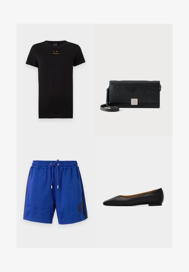 T-shirt noir à manches courtes en coton. Présente un logo doré imprimé sur la poitrine. Design classique à col rond. Texture douce.; Shorts de sport bleus avec une taille élastique, cordon de serrage, rayures noires sur les côtés et un motif floral. Texture de tissu lisse.; Chaussure plate en cuir noir à bout pointu avec talon bas et finition lisse, vue de côté sur un fond gris clair.; Sac bandoulière rectangulaire en cuir noir avec logos embossés et motifs en losange, doté d'une plaque logo en métal argenté sur le rabat avant.
