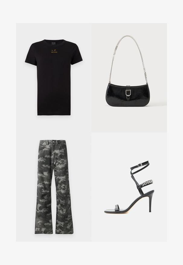 T-shirt noir à manches courtes en coton. Présente un logo doré imprimé sur la poitrine. Design classique à col rond. Texture douce.; Jean droit en denim noir et gris foncé à motif camouflage, avec fermeture à bouton et zip et poches avant.; Sandale noire à talon haut avec fine bride à la cheville, bride médiane décorée de maillons de chaîne argentés, et design à bout ouvert.; Sac à épaule en cuir verni noir avec détail de boucle argentée et bandoulière en chaîne argentée, présenté sur un fond uni clair.