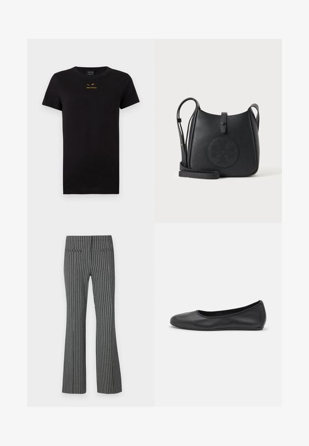 Black short-sleeve T-shirt made of cotton. Features a printed gold logo on the chest. Classic crew neck design. Soft texture.; Black and white checkered trousers, flared leg design, featuring two back pockets and textured fabric with visible grid pattern.; Black leather ballet flat with a rounded toe, smooth texture, minimal stitching detail, and a flexible sole design.; Black leather crossbody bag with adjustable strap, front flap closure, and embossed circular logo on smooth textured surface.