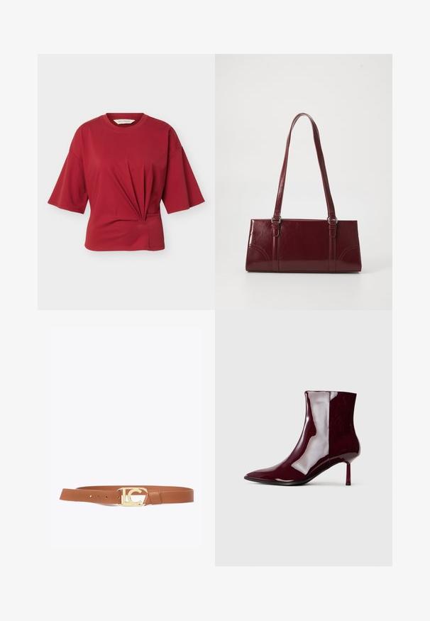Top rojo de manga corta con cuello redondo y un detalle fruncido en forma de nudo en la parte inferior frontal, presentado sobre un fondo blanco.; Cinturón de cuero marrón con hebilla de tono dorado que presenta un diseño de logotipo recortado. Textura suave, con orificios de ajuste para el tamaño.; Botín de tobillo brillante en un oscuro tono rojo con puntera afilada y tacón delgado de altura media sobre un fondo claro y liso.; Bolso burdeos hecho de material brillante, de forma rectangular, con dos asas para el hombro y sutiles acentos curvados en la parte frontal.