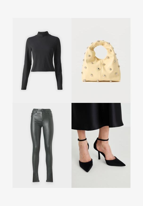 Zwarte lange mouwen coltrui, gemaakt van zacht, rekbaar materiaal. Getailleerd ontwerp met een cropped lengte en een zachte textuur.; Hooggetailleerde, glanzende zwarte legging in een aansluitende stijl. Voorzien van een knoopsluiting, vijf zakken en een gladde, reflecterende textuur.; Zwarte puntige hakken gemaakt van soepel stof met een stilletohak en een smalle enkelband, met een open zijontwerp.; Zachte gele handtas met een ronde handgreep, versierd met gelijkmatig geplaatste kleine zilveren metalen studs op een glad oppervlak.