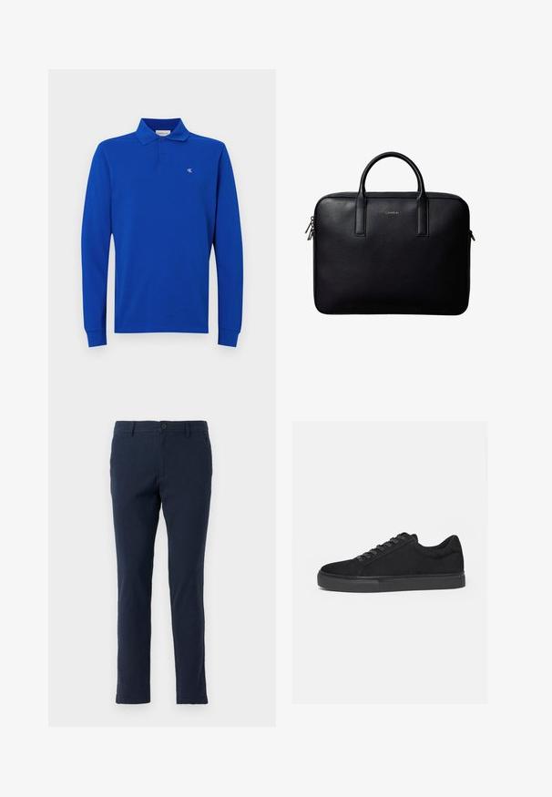 Pitkähihaan sininen polo-Shirt, joka on valmistettu puuvillasta, ja jossa on kaksinappinen kaulus sekä pieni brodeerattu logo rinnassa. Sujuva pinta.; Tummansiniset puuvillachinot slim-fit-mallissa, jossa on nappi- ja vetoketjukiinnitys, vyölenkit sekä etu- ja takataskut. Pintakuvio on sileä.; Musta matalakärkinen lenkkari, jossa edessä nauhat ja tasainen kumipohja, esitetty sivulta valkoisella taustalla.; Musta nahkainen salkku, jossa on kaksi kahvaa, suorakaiteen muotoinen ja hopeanväriset vetoketjun vetimet, keskellä pieni kohokuvioitu logo.