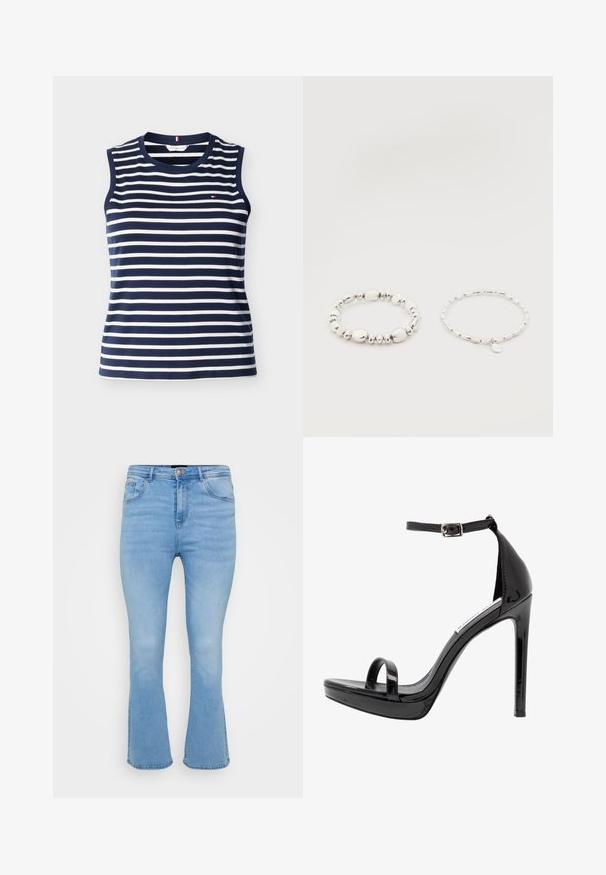 Ärmelloses Top in Marineblau und Weiß mit horizontalen Streifen, rundem Ausschnitt und kleinem Logo auf der linken Brust.; Helle, blaue, aus Baumwoll-Denim gefertigte Schlagjeans. Sie verfügen über eine hohe Taille, fünf Taschen und sichtbare Nähte entlang der Nähte und am Saum.; Steve Madden MILANO - High Heel Sandalette - black; Zwei Armbänder mit silbernen Perlen auf weißem Hintergrund; eines mit unregelmäßigen Perlen und das andere mit gleichmäßigen Perlen und einem kleinen tropfenförmigen Anhänger.