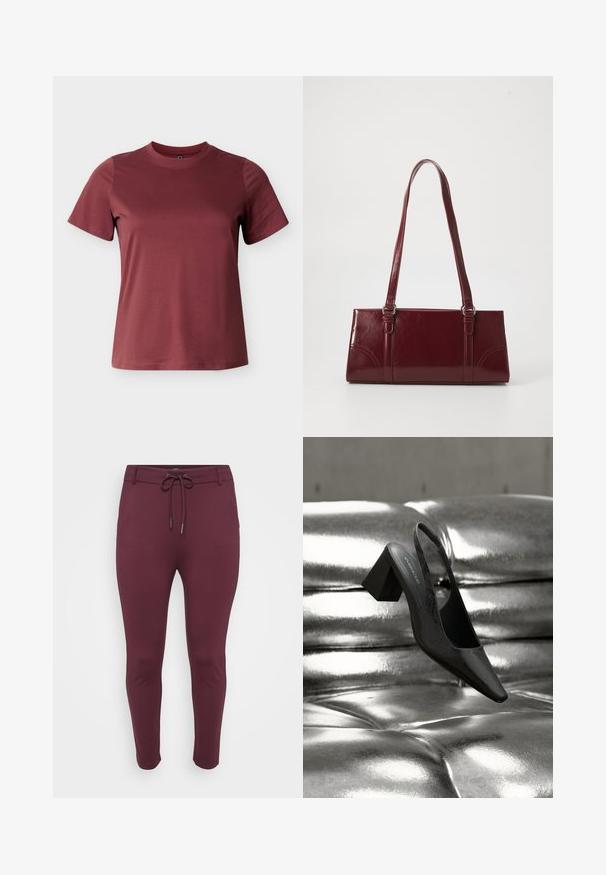 Camiseta de manga corta color burdeos, hecha de algodón suave, con cuello redondo y una textura lisa y uniforme sin patrones o acentos visibles.; Pantalones elásticos burdeos con cintura ajustable, que presentan un diseño ajustado y piernas ceñidas, exhibidos sobre un fondo blanco.; Tacón destalonado negro con punta en forma de pico, con superficie texturizada y tacón ancho y grueso. Colocado sobre un fondo metálico brillante.; Bolso burdeos hecho de material brillante, de forma rectangular, con dos asas para el hombro y sutiles acentos curvados en la parte frontal.
