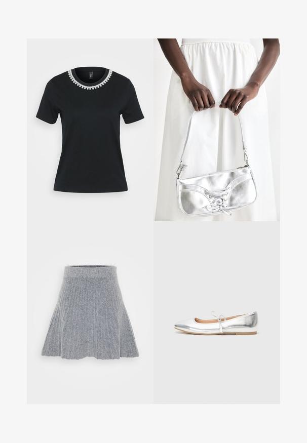 T-shirt en coton noir avec manches courtes et décolleté rond. Présente un design décoratif en perles au niveau du col, la surface est lisse.; Jupe plissée grise en tissu doux. Elle présente une taille haute et une forme évasée, avec une texture lisse et un léger motif chiné.; Chaussure plate argentée avec un bout pointu, fabriquée en matériau synthétique métallisé. Elle dispose d'une fine lanière avec un nœud décoratif. Texture lisse.; Sac à main en métal argenté avec un détail à lacets, arborant un design épuré et une courte sangle. Le sac est tenu dans les mains, mettant en valeur sa texture.
