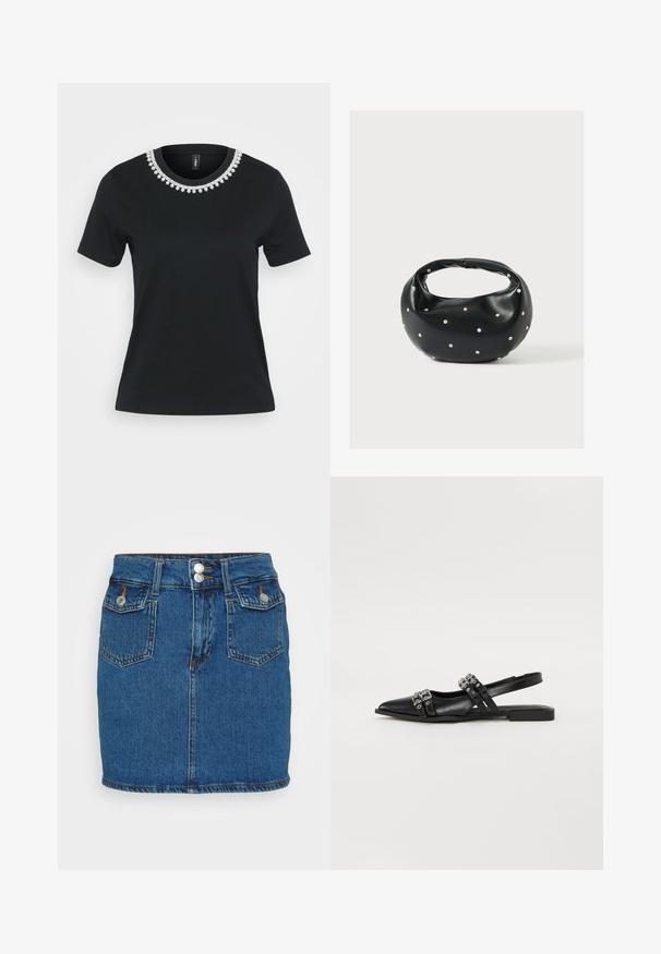 Sort bomulds T-shirt med korte ærmer og rund halsudskæring. Har et dekorativt perledesign ved kraven, og overfladen er glat.; Denim mini skirt, mørkeblå, har høj talje med to forreste knapper, fem-lomme design og kontraststing langs kanten.; Even&Odd Slingback-ballerinasko - black; Sort læderhåndtaske med en rundet form, dekoreret med sølvnitter, og et kort håndtag. Glat tekstur og lynlåslukning.