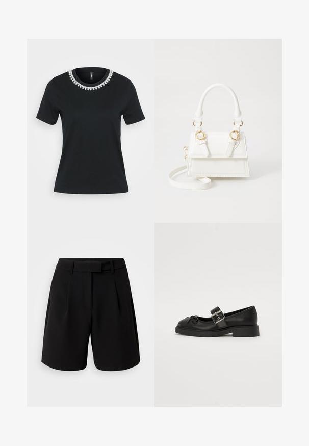 Schwarzes Baumwoll-T-Shirt mit kurzen Ärmeln und rundem Ausschnitt. Verfügt über ein dekoratives Perlenmuster am Kragen, die Oberfläche ist glatt.; Schwarze maßgeschneiderte Shorts aus glattem Stoff, mit hoher Taille, Falten, Gürtelschlaufen und Seitentaschen, in einem klaren Design.; Schwarze Leder-Mary-Jane-Schuhe mit runder Zehenpartie, Knöchelriemen und silberner Schnallenverzierung. Verfügt über eine flache, dicke Sohle und eine Schleifenakzent.; Weiße Handtasche aus Kunstleder mit strukturiertem Design, goldenen Hardware-Akzenten, doppelten Obergriffen und einem verstellbaren Schultergurt.