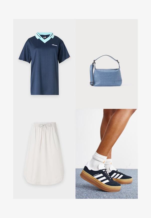 Polo shirt bleu marine à manches courtes avec un col bleu clair et un motif à rayures verticales. Présente un logo de marque blanc sur la poitrine.; New Balance Jupe trapèze - grey matter; Jambes portant des chaussettes blanches et des baskets Adidas Gazelle noires avec des bandes blanches et des semelles épaisses marron sur un sol recouvert de moquette grise.; Sac à main bleu clair embossé façon crocodile avec une poignée courte et une bandoulière amovible. Texture lisse avec une fermeture éclair.