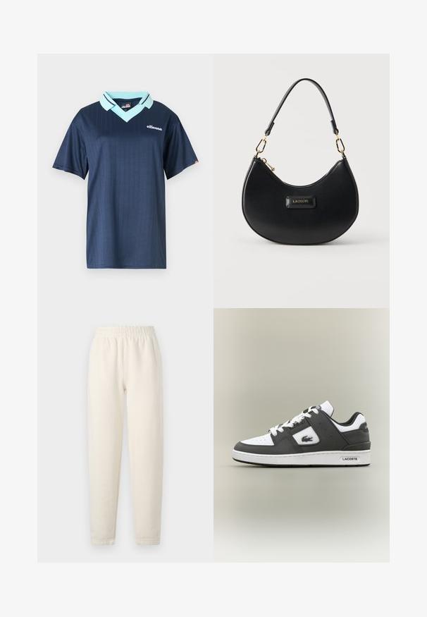 Donkerblauwe polo met korte mouwen, voorzien van een lichte blauwe kraag en een verticale streepjespatroon. Heeft een wit merklogo op de borst.; Crème-kleurige sweatpants gemaakt van zachte stof. Bevat een elastische tailleband en een taps toelopend ontwerp met subtiele stikdetails.; Zwart-witte Lacoste sneaker met witte veters, geperforeerde neus, krokodillogo aan de zijkant en merksol op een neutrale achtergrond.; Zwarte handtas in halvemaanvorm met gouden beslag, ritssluiting bovenaan, korte riem en een "LACOSTE" logo-plakkaat centraal aan de voorkant.