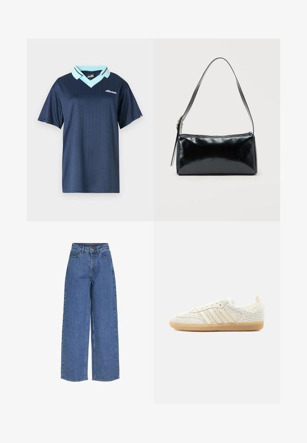 Polo de manga corta azul marino con cuello azul claro y patrón de rayas verticales. Cuenta con un logo de la marca en blanco en el pecho.; Pantalones vaqueros de pernera ancha y cintura alta, fabricados en tejido de mezclilla. Incluye bolsillos frontales y un cierre de botón. Diseño clásico y casual.; Zapatilla blanca de caña baja con tejido texturizado trenzado, franjas de cuero beige y suela de goma color caramelo, mostrada desde el lado exterior sobre un fondo liso.; Bolso de hombro rectangular negro con una correa ajustable y un cierre de cremallera superior sobre un fondo liso.