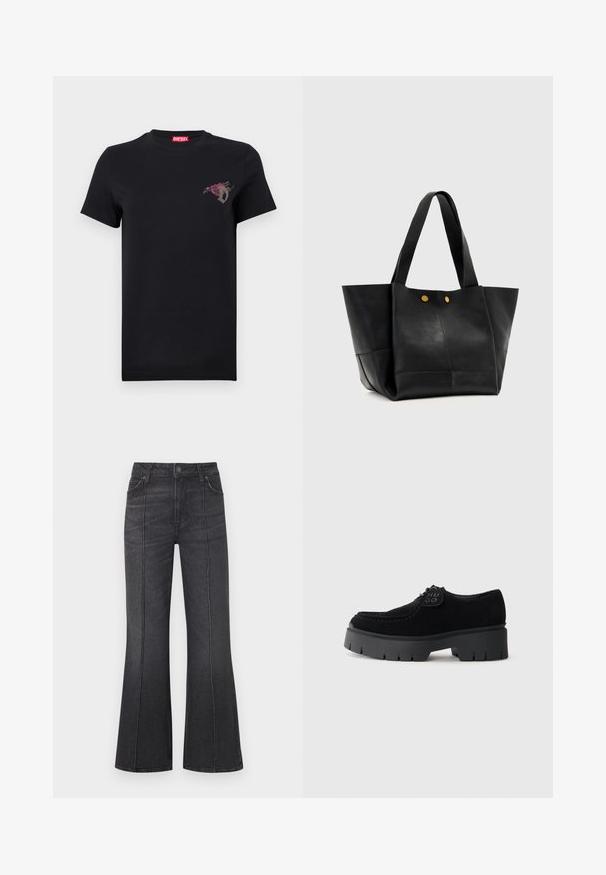 Sort T-shirt med korte ærmer med lille rød rose og gråt bogstav "D" design på venstre bryst, rød Diesel mærkelabel inde i kraven.; Sorte jeans med vidde forneden og høj talje, udstyret med forlommer og kontrastsyninger langs sømmene, lavet af denimbetræk.; Sorte ruskinds snørebåndssko med en tyk sort gummisål, der har et rillemønster. Indeholder et rundt sort logo-patch på tungen.; Sort lædertaske med brede håndtag og to små gyldne knapper foran mod en ensartet lys baggrund.