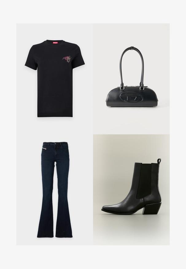 T-shirt noir à manches courtes avec un petit motif de rose rouge et la lettre "D" grise sur le côté gauche de la poitrine, étiquette de marque Diesel rouge à l'intérieur du col.; Jean bleu foncé taille haute avec jambe évasée, poches avant et fermeture par bouton et zip.; Bottine en cuir noir avec bout pointu, panneaux latéraux élastiques, languette à l'arrière et talon bloc de hauteur moyenne sur fond neutre.; Sac à main en cuir noir avec longues poignées doubles et logo ovale embossé sur le devant, présenté sur un fond clair uni.