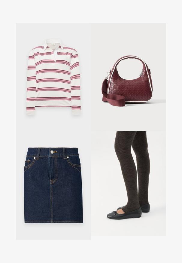 Langarm polo-shirt in het wit met horizontale bordeauxrode en roze strepen, met een contrasterende kraag en een knoopsluiting voor een open halslijn.; Donkerblauwe denim rok met zichtbare stiksels, vijf zakken en een knoopsluiting aan de voorkant. Rechte snit met een schone zoomlijn.; Benen met donkere geribbelde leggings gecombineerd met zwarte ballerina's met kleine strikdetails op een witte achtergrond.; Donkerrode geweven leren handtas met gebogen handvat, witte bies, zilveren rits en afneembare brede stoffen schouderriem tegen een effen achtergrond.