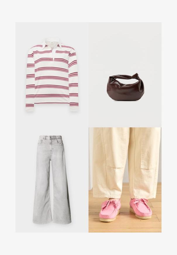 Langarm polo-shirt in het wit met horizontale bordeauxrode en roze strepen, met een contrasterende kraag en een knoopsluiting voor een open halslijn.; Lichtgrijze jeans met wijde pijpen van denim, voorzien van een hoge taille, steekzakken aan de voorkant en een knoopsluiting. Glad oppervlak met een subtiele vervaagde uitstraling.; Roze suède moccasin-stijl schoenen met veters, voorzien van een gestructureerd oppervlak en een lichtbeige rubberen zool, gecombineerd met beige broek.; Donkerbruine leren schoudertas met een zachte, slungelige vorm en een gedraaide knoopvormige handgreep op een effen witte achtergrond.