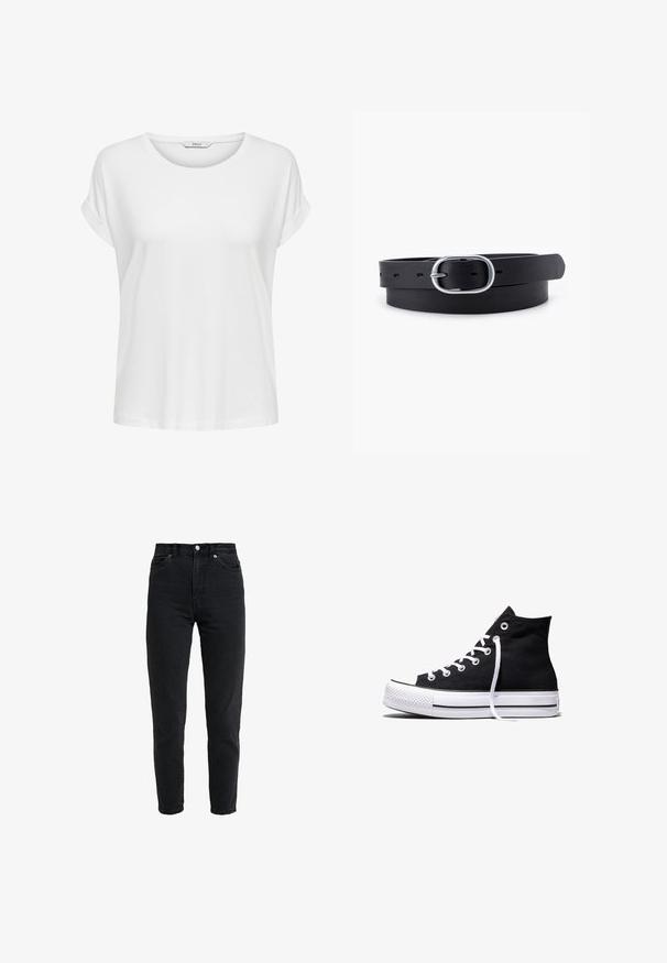 Hvid kortærmet t-shirt lavet af blød bomuld. Har en rund halsudskæring og rullede ærmer. Enkel design uden mønstre eller accenter.; High-waist sort denim jeans med forreste knap og lynlås, to forlommer og en tilspidset ben foran på en hvid baggrund.; Sort high-top canvas sneaker med hvid gummisål og hvide snørebånd, vist fra siden mod en hvid baggrund.; Sort læderbælte med en glat overflade, oval sølvmetalspænde og flere justeringshuller langs stroppen. Flad, minimalistisk design.